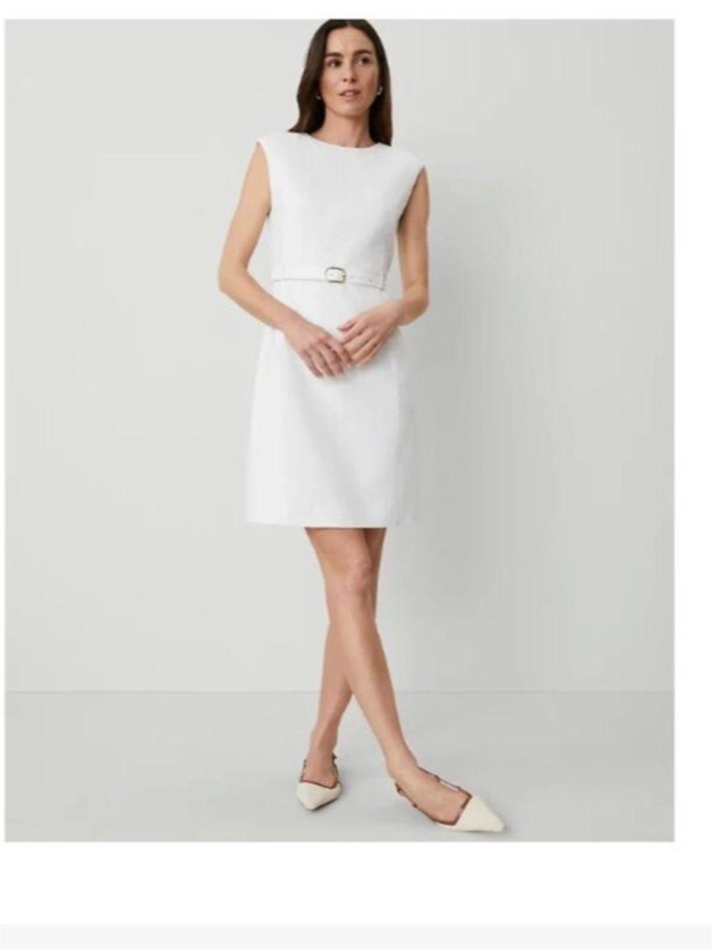 NWT Ann Taylor Sleeveless White Belted Linen Shift Dress